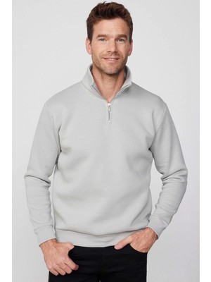 Tudors Unisex Relax Fit Rahat Kesim Pamuklu İçi Polarlı Yarım Fermuarlı Taş Renk Dik Yaka Sweatshirt