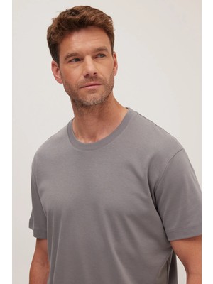 Tudors Unisex Relax Fit Rahat Kesim %100 Pamuk Yumuşak Dokulu Hafif Kalın Gri Bisiklet Yaka Tişört