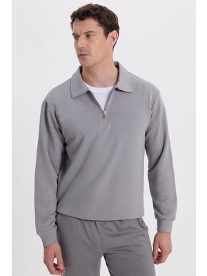 Tudors Erkek Relax Fit Rahat Kesim Pamuklu 3 İplik Fermuarlı Polo Yaka Gri Sweatshirt