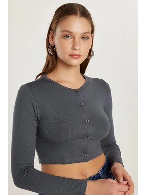 Tudors Kadın Slim Fit Dar Kesim Uzun Kollu Bisiklet Yaka Antrasit Hırka