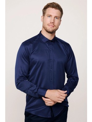 Tudors Modern Slim Fit Uzun Kollu Düz Saten Pamuklu Erkek Lacivert Gömlek