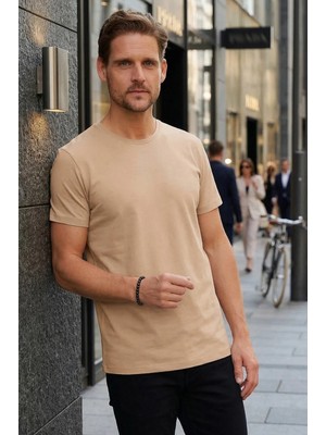 Tudors Unisex Slim Fit Dar Kesim %100 Pamuk Yumuşak Dokulu Vizon Renk Bisiklet Yaka Tişört