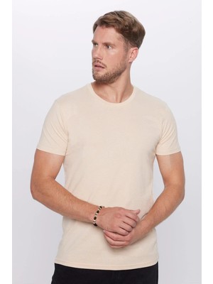Tudors Unisex Slim Fit Dar Kesim %100 Pamuk Yumuşak Dokulu Krem Renk Bisiklet Yaka Tişört
