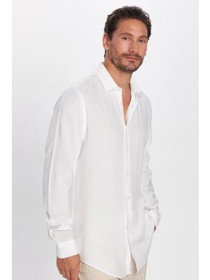 Tudors Slim Fit Uzun Kollu Dar Kesim Dökümlü Viskon Şık Erkek Beyaz Gömlek