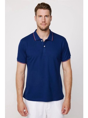 Tudors Erkek Slim Fit Dar Kesim %100 Pamuk Düz Pike Kol Şeritli Lacivert Polo Yaka Tişört