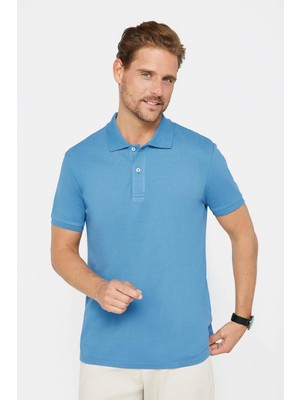 Tudors Erkek Slim Fit Dar Kesim %100 Pamuk Düz Pike İndigo Polo Yaka Tişört
