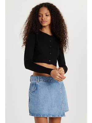Tudors Kadın Slim Fit Dar Kesim Uzun Kollu Bisiklet Yaka Siyah Hırka