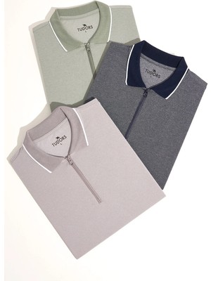 Tudors Erkek 3'lü Paket Mint-Gri-Lacivert Slim Fit Pamuklu Düz Fermuarlı Pike Polo Yaka Tişört