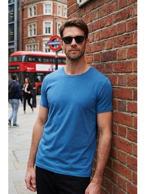 Tudors Unisex Slim Fit Dar Kesim %100 Pamuk Yumuşak Dokulu Mavi Bisiklet Yaka Tişört