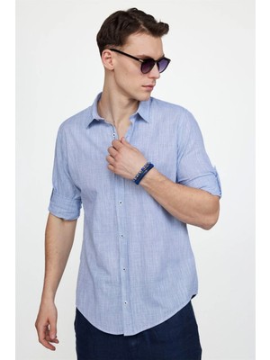Tudors Erkek Slim Fit Dar Kesim Uzun Kollu %100 Pamuk Keten Doku Apoletli Sax Mavi Gömlek