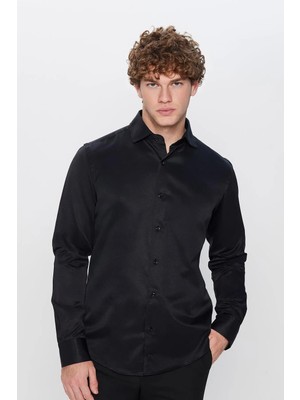 Tudors Erkek Slim Fit Dar Kesim Pamuklu Düz Siyah Gömlek
