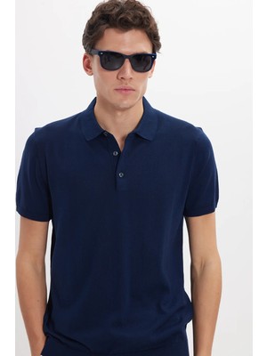 Tudors Erkek Slim Fit Dar Kesim Pamuklu Örme Triko Lacivert Polo Yaka Tişört