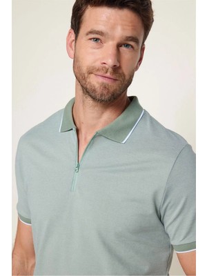 Tudors Erkek Slim Fit Dar Kesim Pamuklu Fermuarlı Mint Polo Yaka Tişört