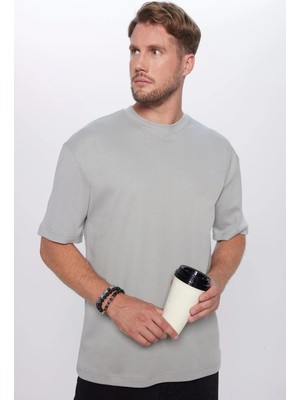 Tudors Unisex Oversize Geniş Kesim %100 Pamuk Yumuşak Dokulu Basic Bisiklet Yaka Gri Tişört