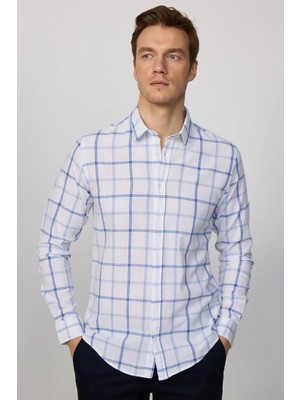 Tudors Erkek Slim Fit Dar Kesim Uzun Kollu %100 Pamuk Keten Doku Kareli Gömlek