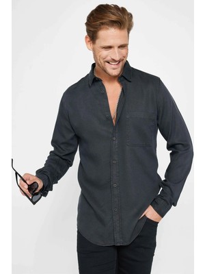 Tudors Erkek Slim Fit Dar Kesim Uzun Kollu Denim Kot Tek Cepli Siyah Spor Yaka Gömlek