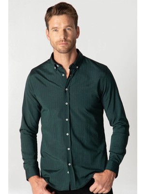 Tudors Slim Fit Uzun Kollu Düğmeli Yaka Pamuklu Kolay Ütü Çizgili Erkek Gömlek