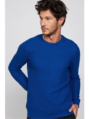 Tudors Erkek Slim Fit Bisiklet Yaka Desenli Saks Mavi Triko Kazak