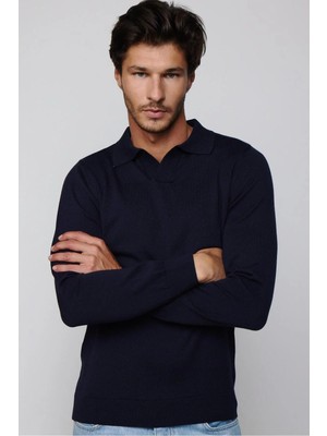 Tudors Erkek Standart Fit Normal Kesim Polo V Yaka Lacivert Triko Kazak
