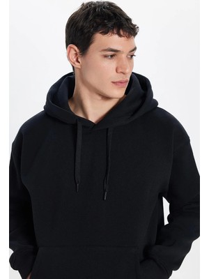 Tudors Unisex Oversize Geniş Kesim Pamuklu Yumuşak Dokulu İçi Polarlı Basic Siyah Kapüşonlu Sweatshirt