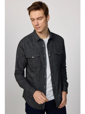 Tudors Erkek Slim Fit Dar Kesim Uzun Kollu %100 Pamuk Keten Doku Çift Cep Çıtçıtlı Siyah Gömlek