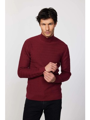 Tudors Erkek Slim Fit Dar Kesim Yarım Balıkçı Yaka Desenli Tüylenmeyen Bordo Triko Kazak