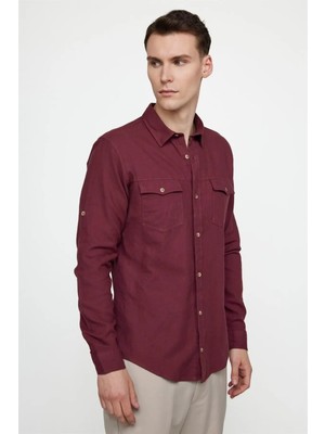 Tudors Erkek Slim Fit Dar Kesim Uzun Kollu %100 Pamuk Keten Doku Çift Cep Spor Yaka Bordo Gömlek