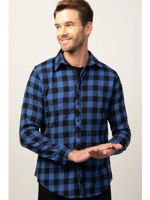 Tudors Slim Fit Uzun Kollu Kışlık Oduncu Dama Desen Erkek Sax Mavi Gömlek