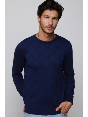 Tudors Erkek Slim Fit Bisiklet Yaka Desenli Lacivert Triko Kazak