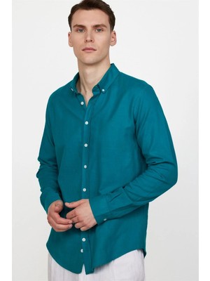 Tudors Erkek Slim Fit Dar Kesim Uzun Kollu %100 Pamuk Keten Doku Düğmeli Yaka Petrol Renk Gömlek