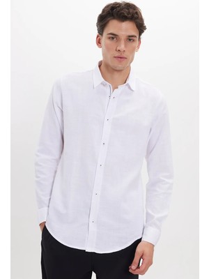 Tudors Erkek Slim Fit Dar Kesim Uzun Kollu %100 Pamuk Keten Doku Apoletli Beyaz Gömlek