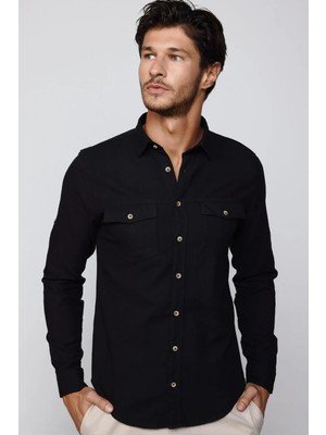 Tudors Erkek Slim Fit Dar Kesim Uzun Kollu %100 Pamuk Keten Doku Çift Cep Spor Yaka Siyah Gömlek