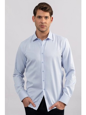 Tudors Erkek Modern Slim Fit Pamuklu Düz Mavi Gömlek