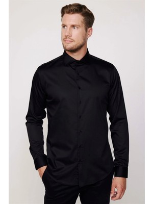 Tudors Slim Fit Uzun Kollu Koton Saten Premium Seri Erkek Siyah Gömlek