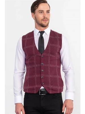 Tudors Erkek Slim Fit Dar Kesim Bordo Yelek