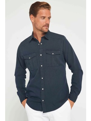 Tudors Erkek Slim Fit Uzun Kollu Spor Yaka Yıkamalı Çift Cepli Armürlü Denim Kot Antrasit Gömlek