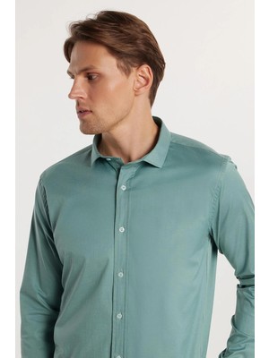 Tudors Slim Fit Uzun Kollu Likralı Düz Pamuk Saten Erkek Yeşil Gömlek