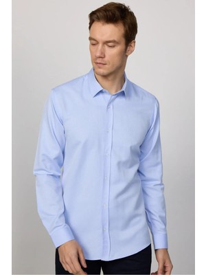 Tudors Modern Slim Fit Uzun Kollu Pamuklu Kolay Ütü Armürlü Erkek Mavi Gömlek