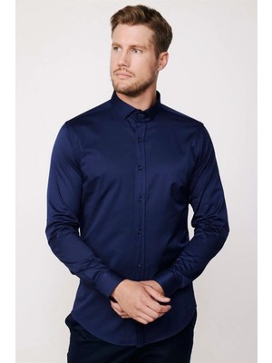 Tudors Slim Fit Uzun Kollu Likralı Düz Pamuk Saten Erkek Lacivert Gömlek