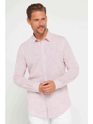 Tudors Erkek Slim Fit Dar Kesim Uzun Kollu %100 Pamuk Keten Doku Apoletli Bordo Gömlek