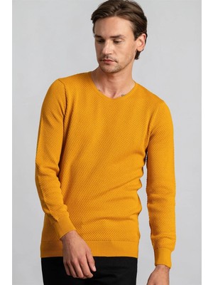 Tudors Erkek Slim Fit Dar Kesim Bisiklet Yaka Petek Desenli Hardal Triko Kazak
