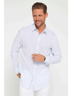 Tudors Erkek Slim Fit Dar Kesim Uzun Kollu %100 Pamuk Keten Doku Apoletli Mavi Gömlek