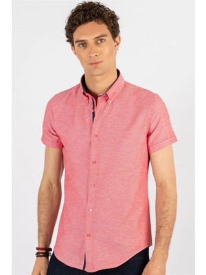 Tudors Slim Fit Kisa Kol Gömlek Yaka Oxford Doku Garnili Spor Erkek Gömlek