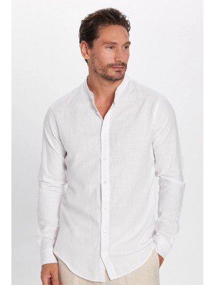 Tudors Erkek Slim Fit Dar Kesim Uzun Kollu %100 Pamuk Keten Doku Hakim Yaka Beyaz Gömlek