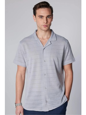 Tudors Erkek Slim Fit Dar Kesim Kısa Kollu Örme Kumaş Gri Apaş Yaka Gömlek