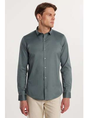 Tudors Slim Fit Uzun Kollu Likralı Düz Pamuk Saten Erkek Yeşil Gömlek