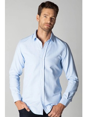 Tudors Modern Slim Fit Uzun Kollu Pamuklu Kolay Ütü Armürlü Erkek Mavi Gömlek