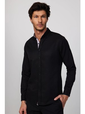 Tudors Slim Fit Uzun Kollu Düğmeli Yaka Pamuklu Kolay Ütü Düz Erkek Gömlek