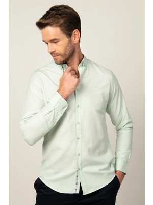 Tudors Erkek Slim Fit Dar Kesim Uzun Kollu Pamuklu Oxford Doku Kolay Ütülenebilir Mint Düğmeli Yaka Gömlek