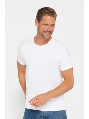 Tudors Erkek Slim Fit Dar Kesim Pamuklu Yumuşak Doku Likralı Likralı Kumaş Basic Beyaz Bisiklet Yaka Tişört